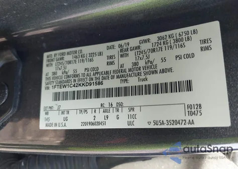 2019 Ford F-150 Xlt из США, поврежденный, VIN 1FTEW1C42KKD91586